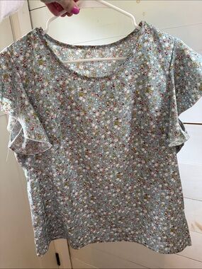 Light Blue Floral Ruffle Sleeve Blouse - Women's Top